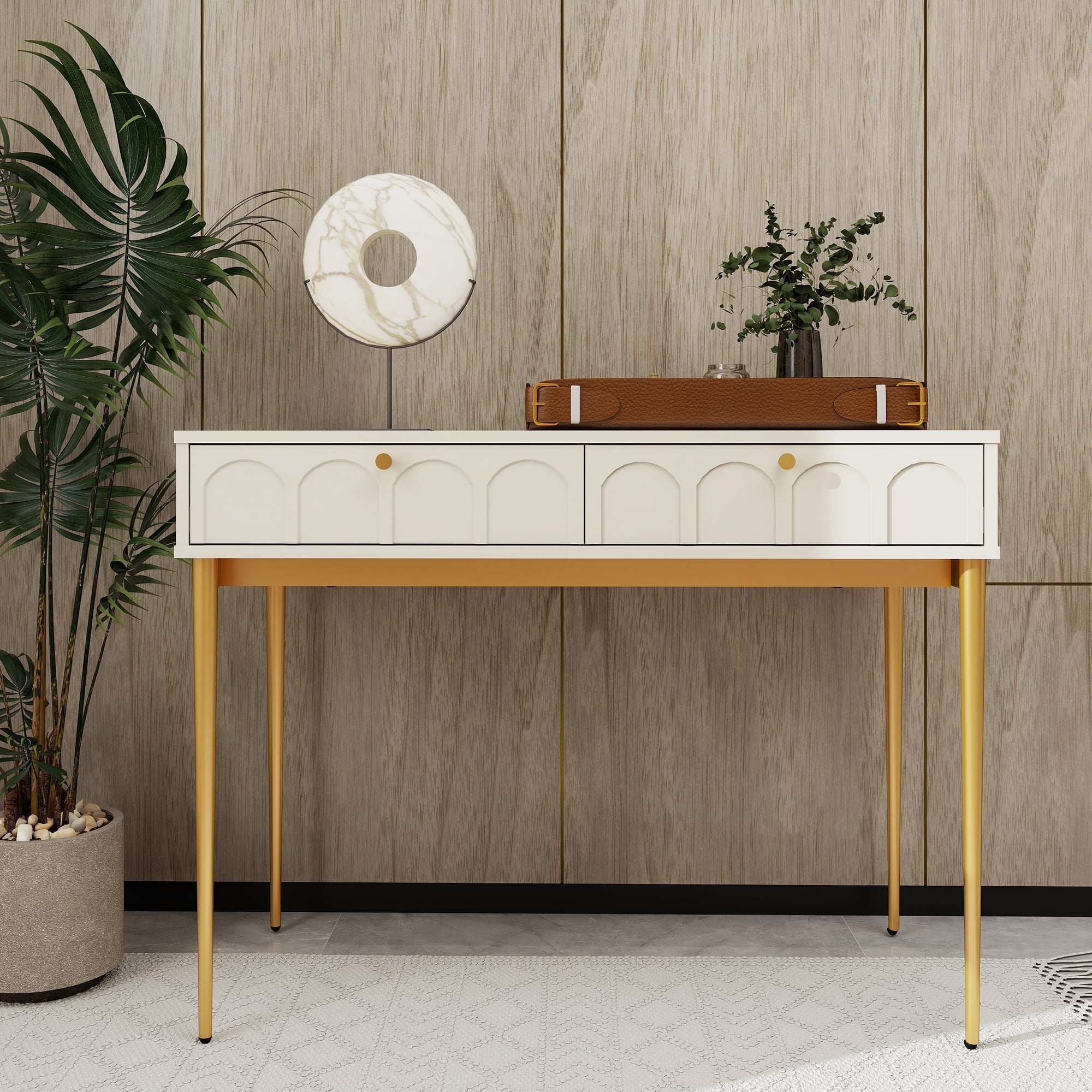 MDQMD Modern Cream White Vanity Desk with 2 Drawers for Bedroom,Small Dressing Table with Metal Legs & Large Tabletop for Home MDQMD Modern Cream White Vanity Desk with 2 Drawers for Bedroom,Small Dressing Table with Metal Legs & Large Tabletop for Home