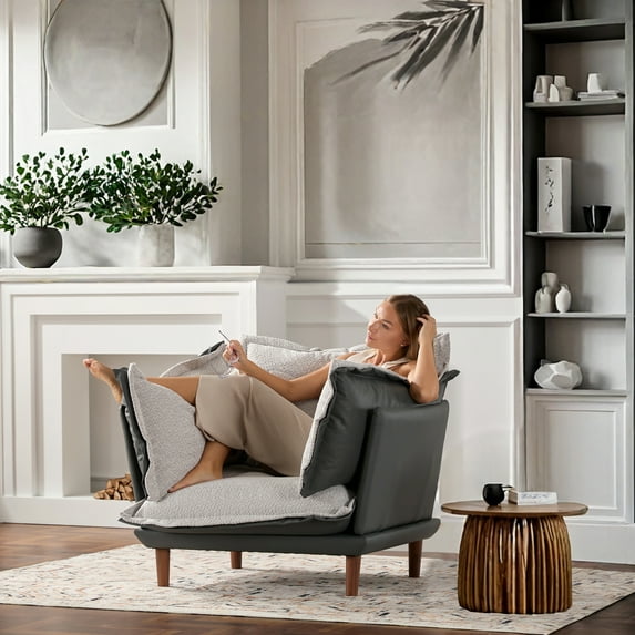 MDQMD Modern Dual-Sided Chenille Oversized Accent Chair - Reversible All-Season Lounge Chair with Hooked Edge Yarn Fabric, 15" High Legs & Adjustable Pads for Living Room, Bedroom - Blue