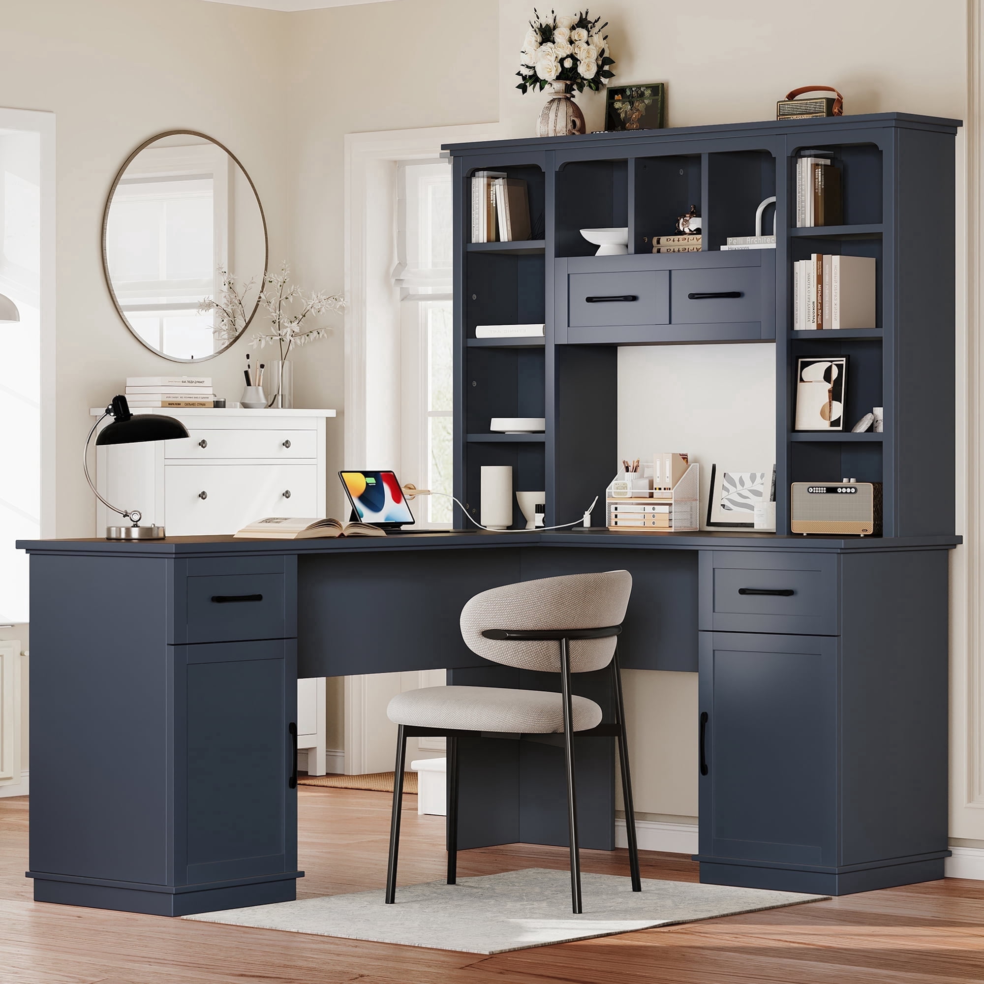 MDQMD Modern L-Shaped Blue Office Desk with Drawer and Shelves,Computer Desk with Storage for Study, Office