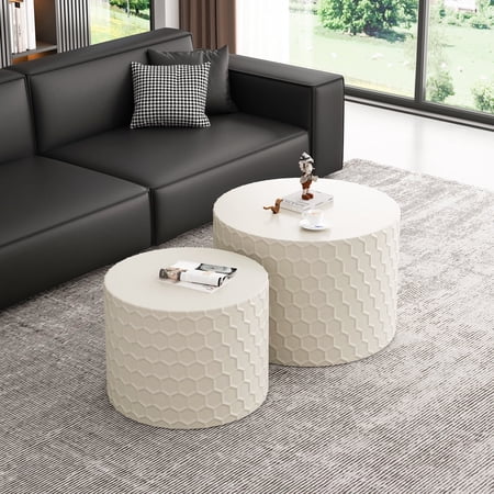 MDQMD Modern Round Combination Coffee Table Set of 2,End Table Honeycomb Pattern Design for Living room Bedroom Office,White