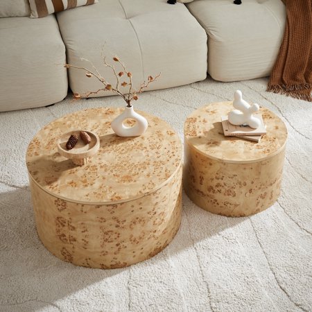 MDQMD Nesting Coffee Table Set of 2 for Living Room,Wood Center Table for Apartment,Circle Coffee Table with Storage,Natural Burl Finish