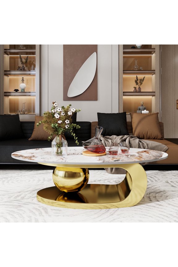 Oval Coffee Table with Faux Marble Top Gold Steel Base Modern Minimalist Living Room Table Storage Shelf Central Ball Support Design Gold Marble Space-Saving Center Table