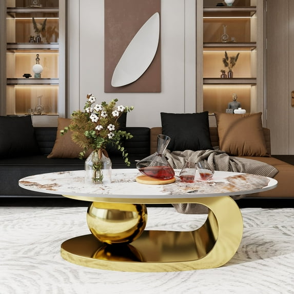 MDQMD Oval Coffee Table with Faux Marble Top Gold Steel Base Modern Minimalist Living Room Table Storage Shelf Central Ball Support Design Gold Marble Space-Saving Center Table