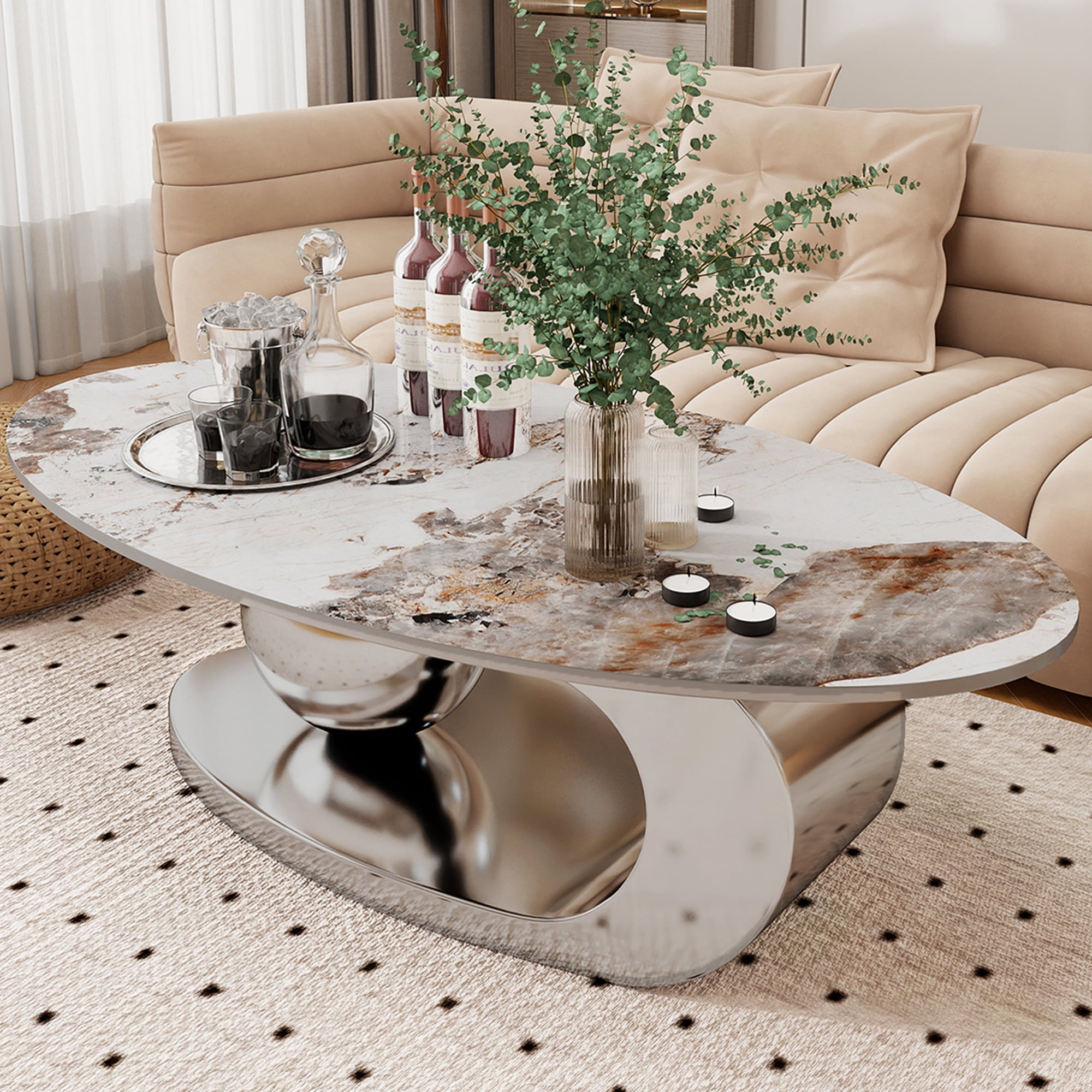 MDQMD Oval Coffee Table with Faux Marble Top Gray Steel Base Modern Minimalist Living Room Table  Storage Shelf Central Ball Support Design  Gray Marble Space-Saving Center Table