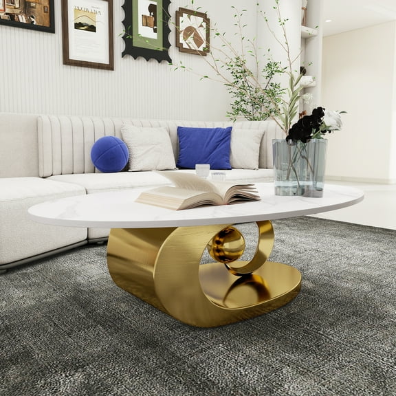 MDQMD Oval Coffee Table Modern Minimalist Faux Marble Top with Gold Stainless Steel Base, Art Deco Luxury Space-Saving Design for Living Room, 49.2"L x 27.6"W White & Gold Center Table