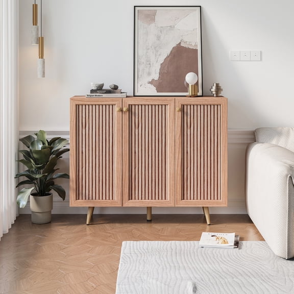 MDQMD Pinkish Yellow Sideboard Buffet Cabinet with Adjustable Shelves,Kitchen Sideboard with 3 Doors,Freestanding Storage Cabinet for Dining Room,Living Room,Kitchen