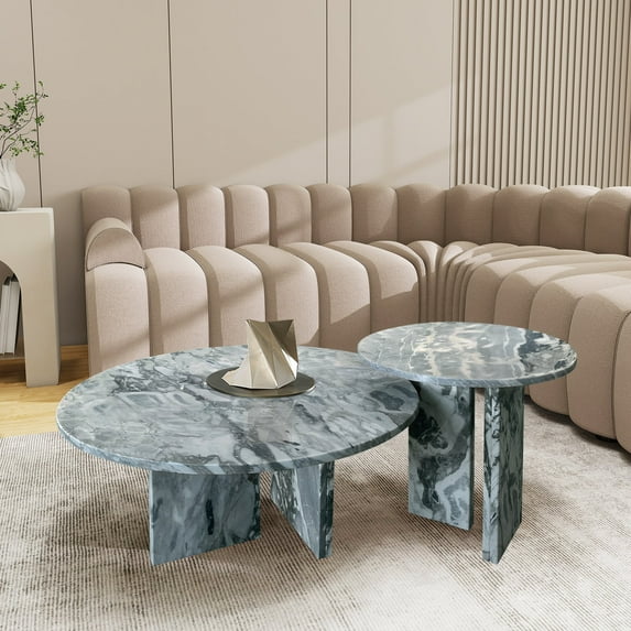 MDQMD Real Marble Coffee Table,Modern Nesting Coffee Table Set of 2,Round Coffee Table with Unique Texture for Living Room,Blue Grey