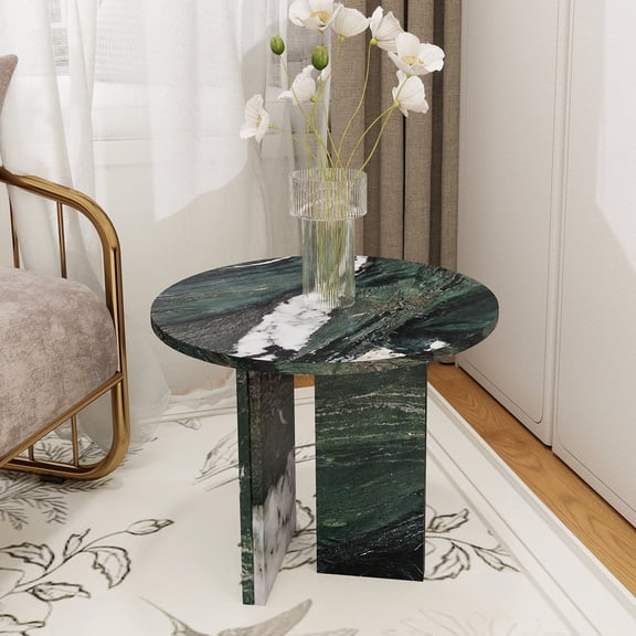 MDQMD 17.7'' Green Round Real Marble Coffee Table,Minimalist Luxury Coffee Table for Living Room,Unique Texture Modern Center Table