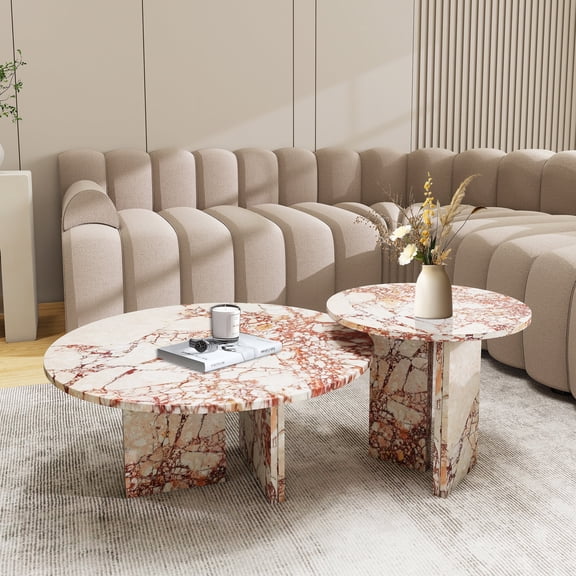 MDQMD Real Marble Nesting Coffee Table Set of 2,Round Coffee Table with Unique Texture for Living Room,Pink