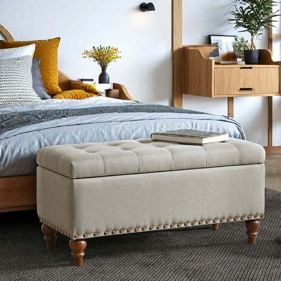 MDQMD Retro Rivet Storage Ottoman Bench - Multipurpose Hidden Storage Stool with Solid Wood Frame, 300lb Capacity, No-Tool Assembly for Entryway, Bedroom & Living Room ((Beige)