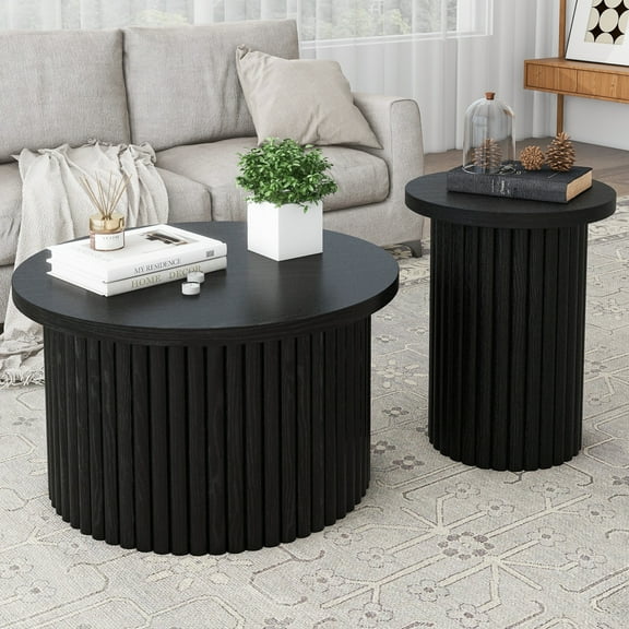 MDQMD Round Coffee Table Set of 2,Wooden Coffee Table for Living Room,Black Coffee Table with Fluted Easy Assembly End Table for Apartment,Office