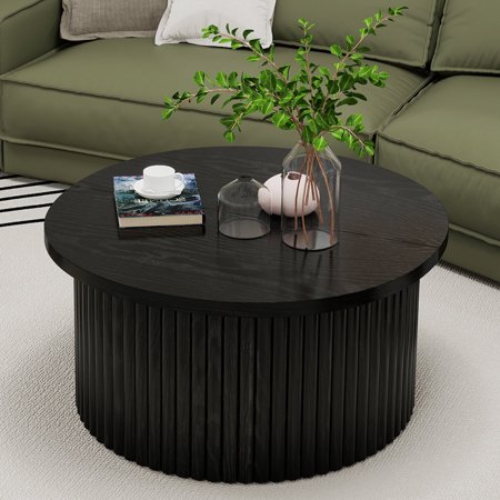 MDQMD Round Coffee Table with Hidden Storage,Black Fluted Drum Coffee Table,Easy Assembly Center Table for Apartment