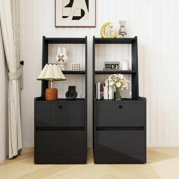 MDQMD Set of 2 Nightstand with Charging Station & USB Night light,Tall Nightstand with 2 Drawers,Modern Bedside Table for Bedroom,Black