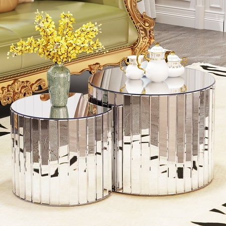 MDQMD Silver Nesting Mirror Coffee Tables, Round Set of 2 Modern End Tables,Living Room Table with Reflective Surface