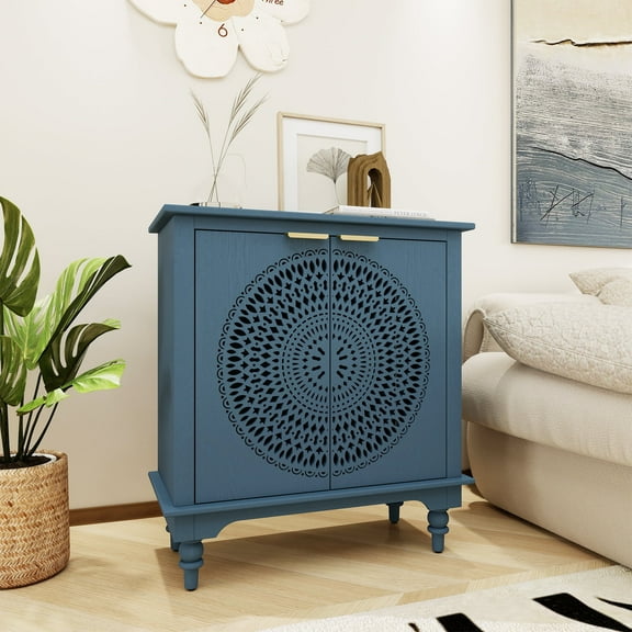 MDQMD Small Storage Cabinet,Blue Accent Cabinet with Carved Doors for Living Room,2- Door Buffet Cabinet for Kitchen,Hallway