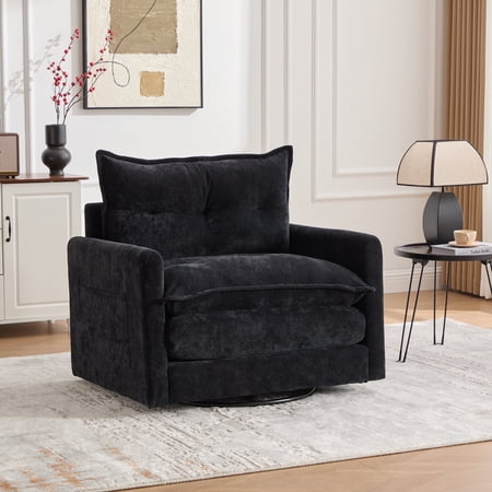MDQMD Swivel Barrel Accent Chair Mid Century Modern 360° Rotating Lounge Chair with Thick Padded Arms Chenille Upholstery Solid Metal Base Black for Living Room, Bedroom or Office