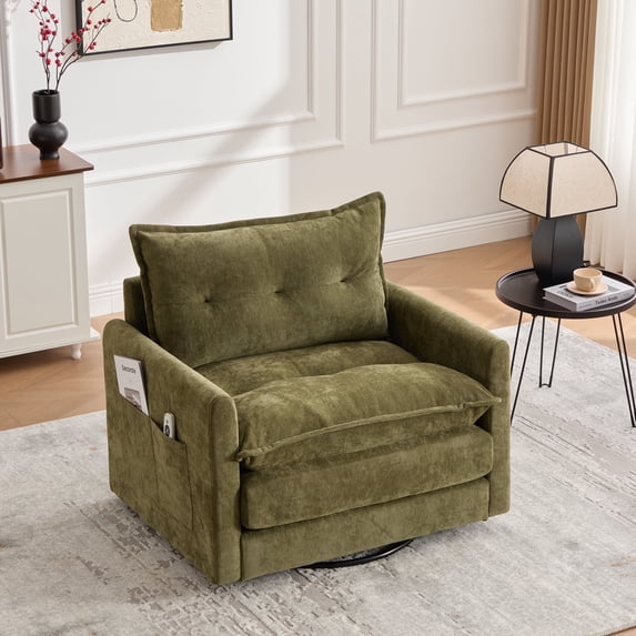 MDQMD Swivel Barrel Accent Chair Mid Century Modern 360° Rotating Lounge Chair with Thick Padded Arms Chenille Upholstery Solid Metal Base Olive Green for Living Room, Bedroom or Office