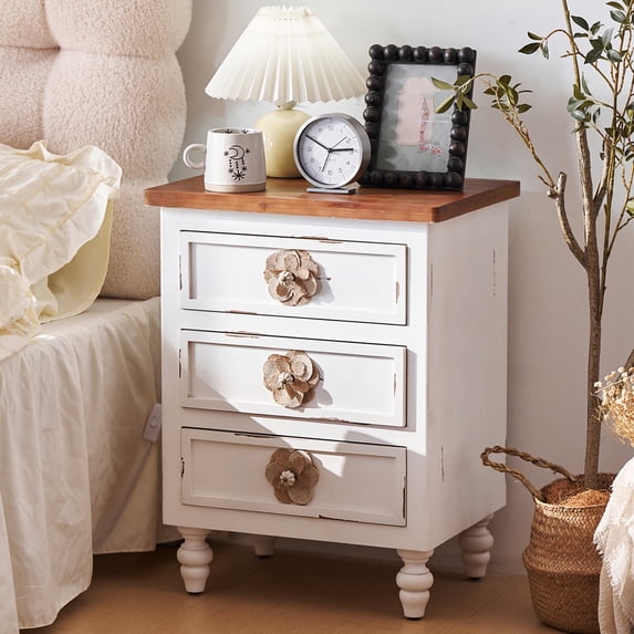 MDQMD White Nightstand with Floral Knob,24.8'' Vintage Bedside Table with 3 Drawers for Bedroom,Wood End Table Living Room