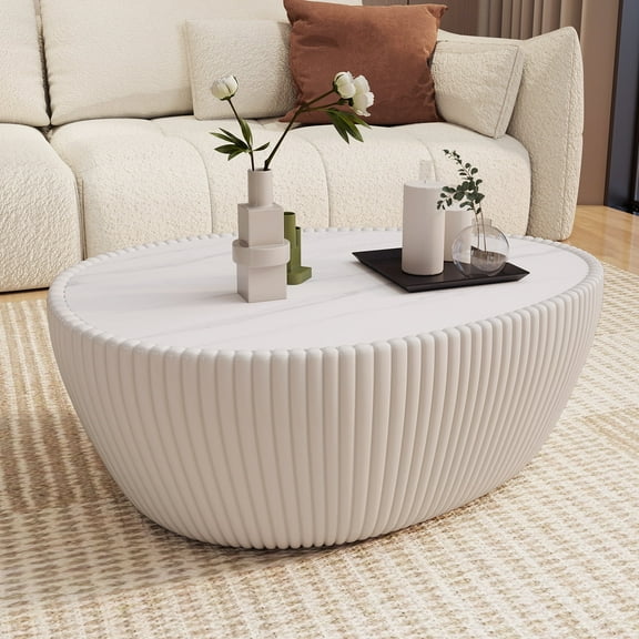 MDQMD White Oval Stone Coffee for Living Room,Modern Coffee Table with Marble Top Leather Covered,No Assembly Required