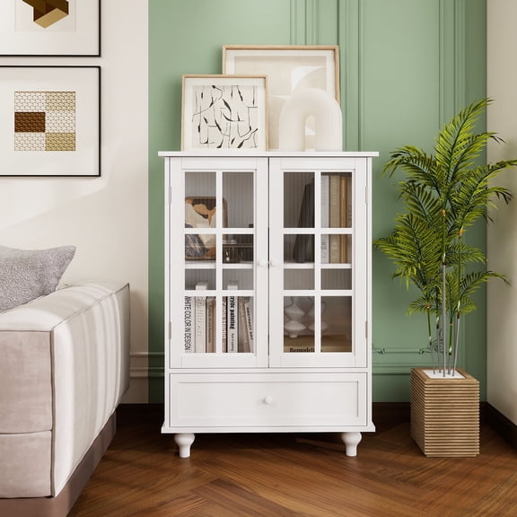 MDQMD White Storage Cabinet with 2 Drawers for Storage,Floor Cabinet with Glass Door for Living Room