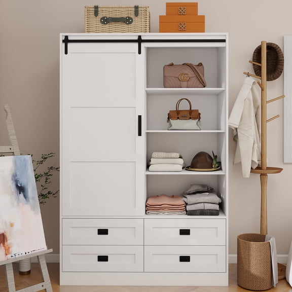 MDQMD White Wardrobe Closet with 4 Drawers, Large Bedroom Armoires with Sliding Door and Hanging Rod for Bedroom