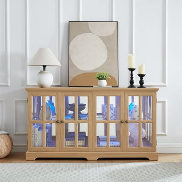 MDQMD Wide Curio Cabinet with Led Light,Display Storage Cabinet with 4 Glass Doors and Adjustable Shelves for Living Room,Oak
