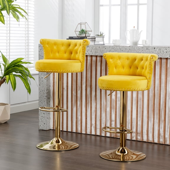 MDQMD Yellow Velvet Bar Stools,Adjustable Height Bar Stools with Back,Swivel Accent Chairs for Kitchen,Cafe,Bar