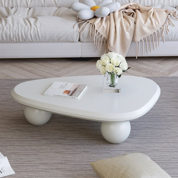 MDQMD White Cloud Coffee Table, Unique Cute Coffee Table,Aesthetic Coffee Table 38.58 Inch, with 3 Ball Legs,Modern Accent Center Table for Living Room