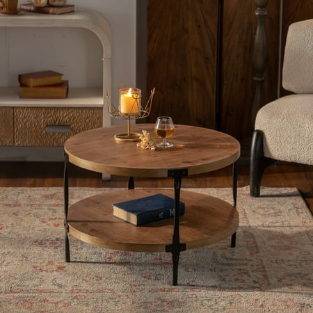 Round Coffee Table - Handmade Solid Wood Relief with Industrial Metal Base for Modern Living Rooms (Walnut, 30.7" Diameter)