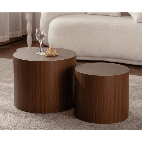 MDQMD Wood Drum Coffee Table Set of 2 - Waterproof MDF Nesting Tables for Small Spaces, Modern Round Side/End Tables with Woodgrain Finish, No Assembly Living Room & Bedroom Furniture