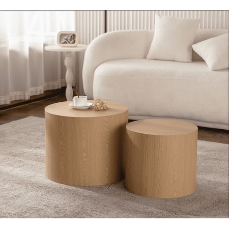 MDQMD Wood Drum Coffee Table Set of 2 - Waterproof MDF Nesting Tables for Small Spaces, Modern Round Side/End Tables with Woodgrain Finish, No Assembly Living Room & Bedroom Furniture