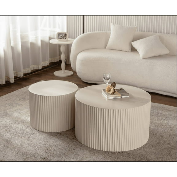 Beige Drum Nesting Coffee Table Set of 2, Modern Wave Stripe Side Tables - No Assembly MDF End Tables for Living Room, Bedroom, Office - Space-Saving Accent Furniture