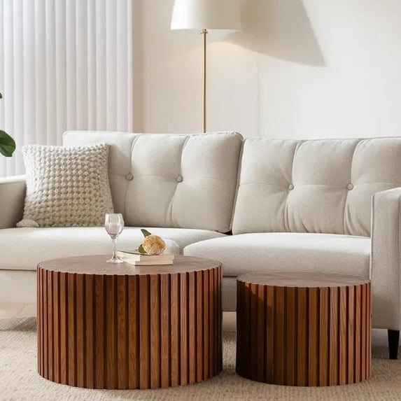 Cylindrical Coffee Table Set of 2 - Space-Saving MDF Nesting Tables, Round End/Side Tables with Waterproof Finish, No Assembly Modern Furniture for Living Room & Small Spaces