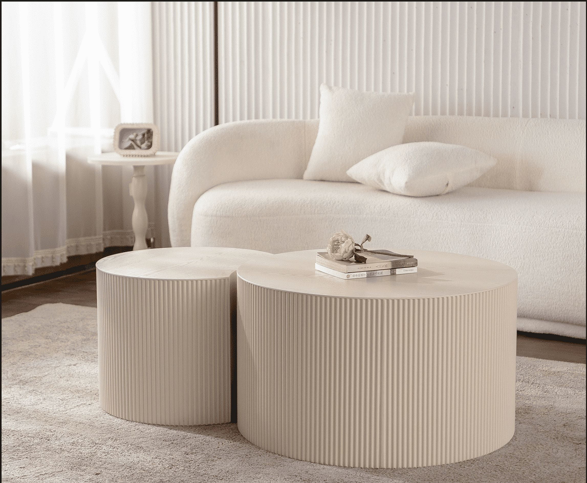 MDQMDCoffee Table Set of 2,Round Coffee Table Handcrafted Relief Sturdy Pedestal Wooden Olive-Shaped Tea Table for Living Room