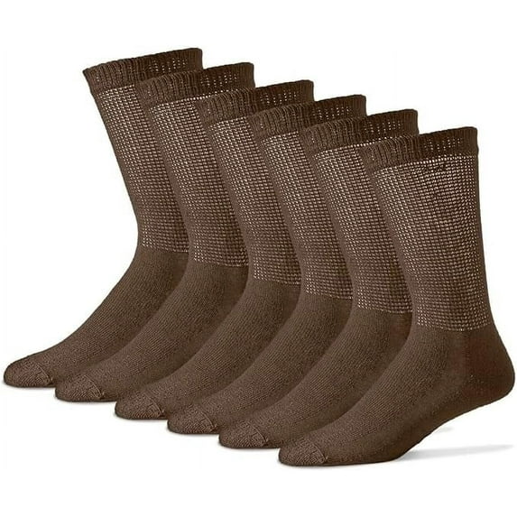 MDR Diabetic Socks Crew Length for Men and Women with Full Sole 3 Pairs Non-Binding Wide Top Comfort & Support Made in USA (9-11, Brown)