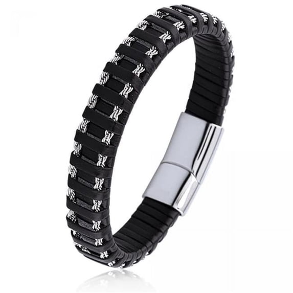 MDR Trading SS-SSLB011 11.8 mm Stainless Steel Black Leather & Silver Accents with Stainless Steel Secure Magnetic Sliding Clasp Lock Bracelet