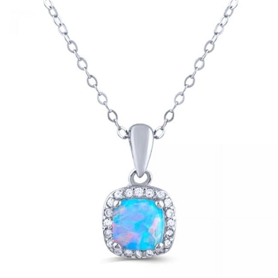 Silver With Blue Synthetic Opal Center And White Cubic Zirconia Accents Necklace