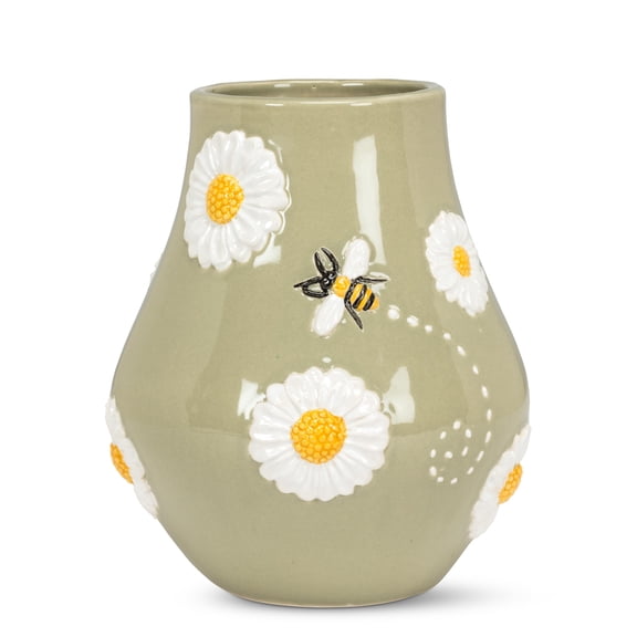 Abbott Collection Vase with Daisies & Bee, 7-Inch, Pale Green, Stoneware