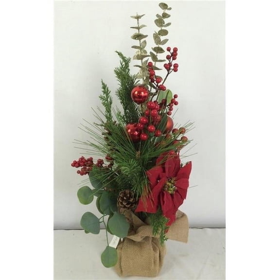 MDR Trading AI-FL7087-Q02 Christmas Theme in Burlap Sack Faux Plants & Trees, Green, Red & Brown - Set of 2
