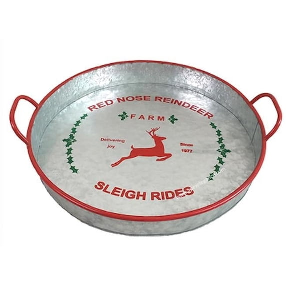 MDR Trading AP-CTF700RS Round Galvanized Metal with Red Trim & Handles & Reindeer Theme Tray