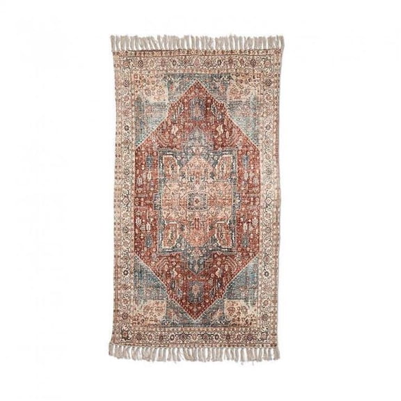 Abbott Banjara Blue & Burgundy Printed Cotton Rug – 3x5 FT Woven Floor Mat, Soft & Durable – Decorative Accent Rug for Living Room or Bedroom
