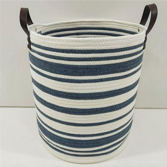 MDR Trading Inc. AI-3564-282_Q01 Navy Blue And Ivory Stripes With Faux Leather Handles Laundry Hamper