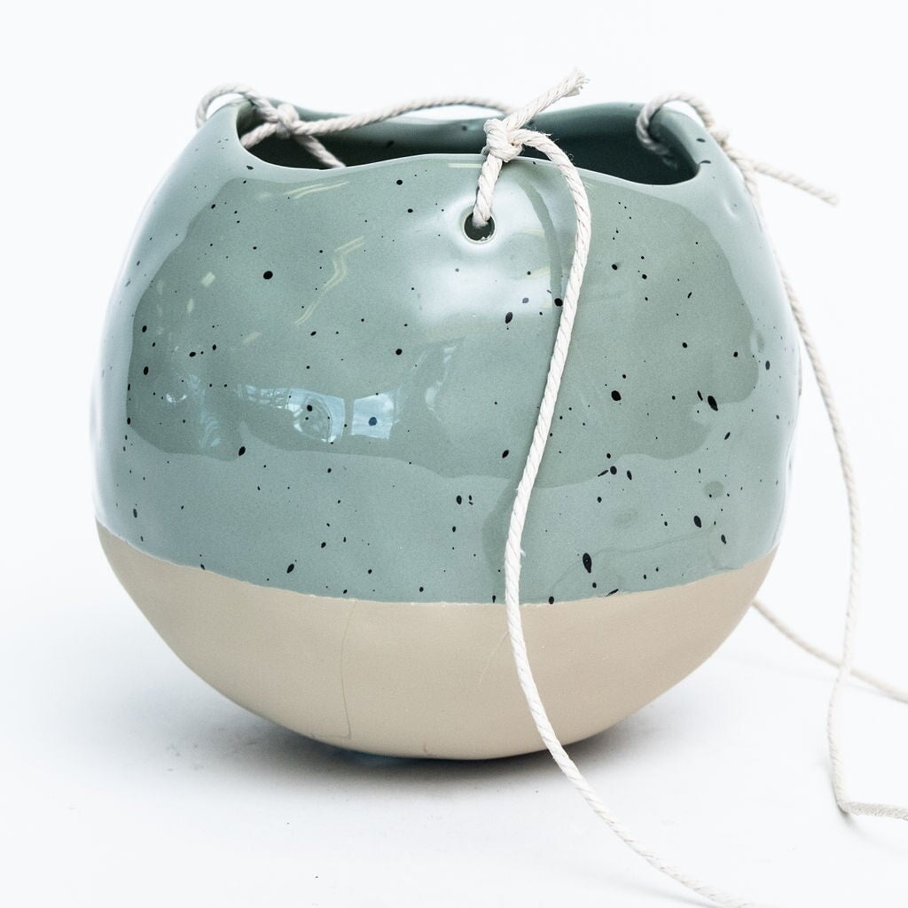 Unbranded Speckled Sage Green And Beige Hanging Planter