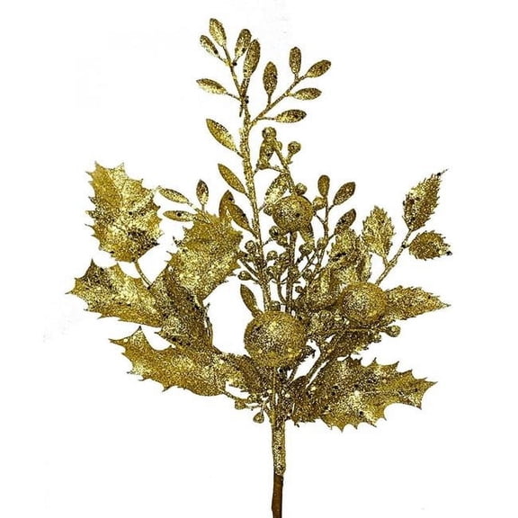 MDR Trading Inc. AI-PI3161GLD_Q01 Gold Glitter Holly Leaves And Ornaments Pick