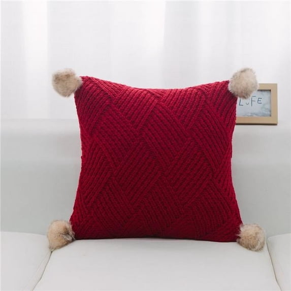 MDR Trading Inc. HU-PP1818EL02OF Red Machine Knit With Pom Poms And Feather Down Insert Pillow