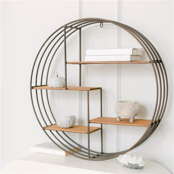MDR Trading Inc. FP-YNG-141-L-W_Q01 Round Metal Frame With Light Wood Wall Shelf