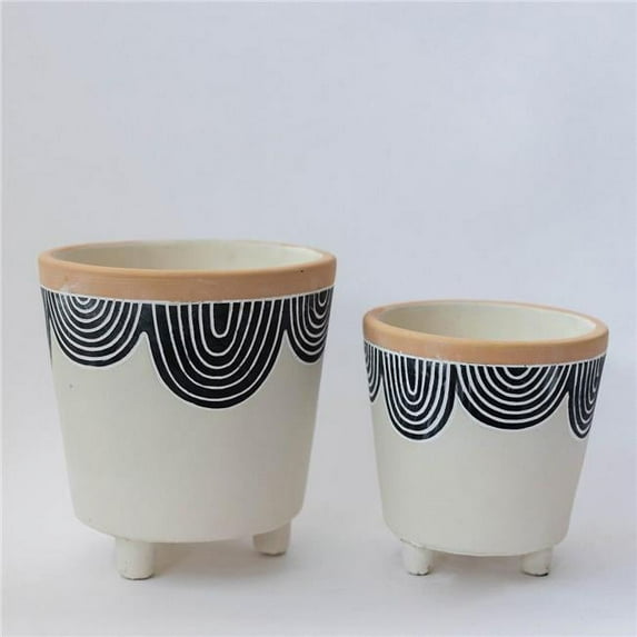 MDR Trading Inc. FP-CNP-224 Set Of 2 Antique White With Brick Orange Trim And Navy Blue Lines Footed Planters