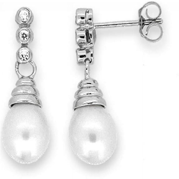 MDR Trading SS-EL021 8 mm White & Silver Drop with Freshwater Pearl & Cubic Zirconia Earrings