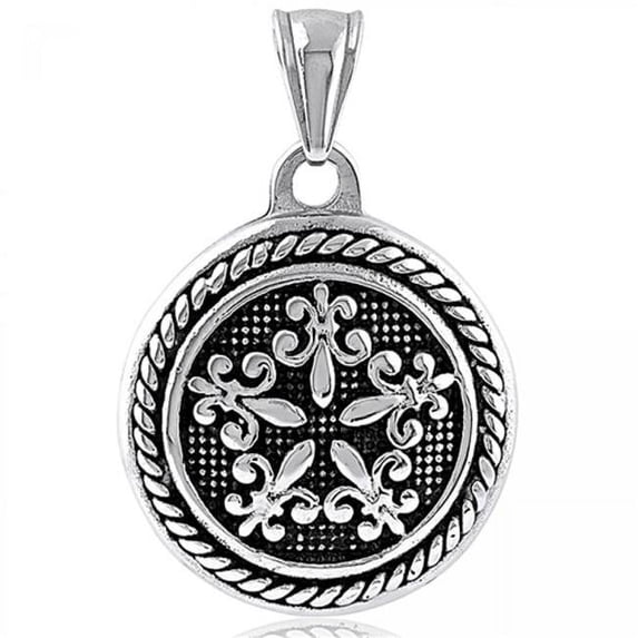 MDR Trading SS-SSP224 27 mm Black & Silver Round with Rope Edges & Fleur De Lys Center Stainless Steel Pendant