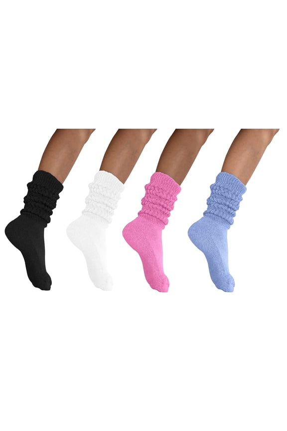 MDR Women and Men Slouch Socks Extra Tall/Extra Heavy Cotton Socks Made in USA Size 9-11, Pack of 4 (1 Black, 1 White, 1 Pink, 1 Light Blue)